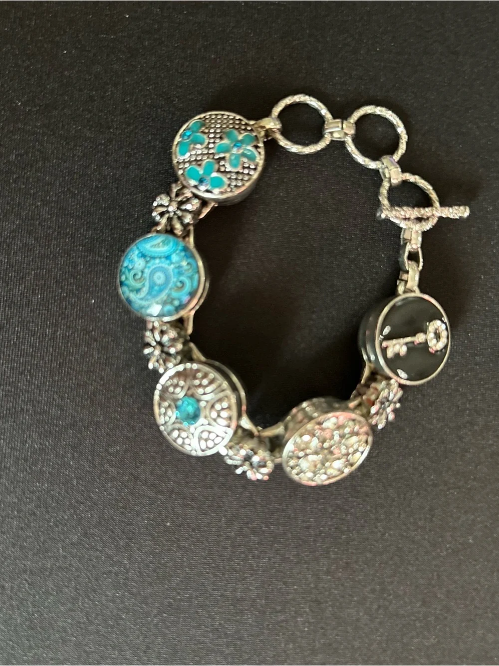 Silver-Tone Turquoise Floral Charm Bracelet - Women Jewelry